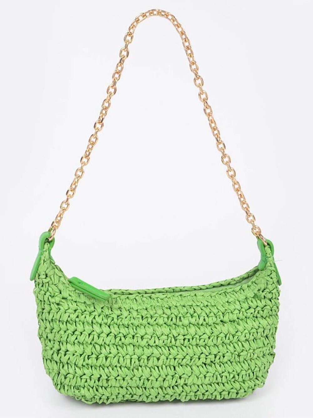 Straw Bag with Gold Chain Shoulder Strap, Green